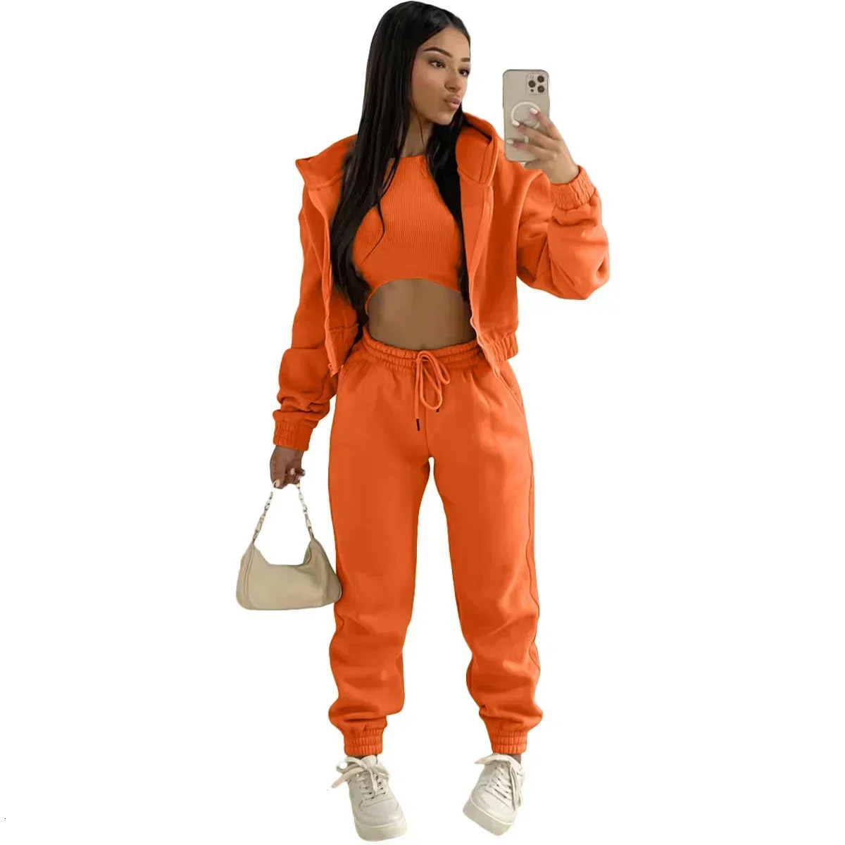 3pcs Womens Clothing Set Fleecelined Hooded Sweater Sleeveless Tank Top Sports Sweatpants Pants 250916Z