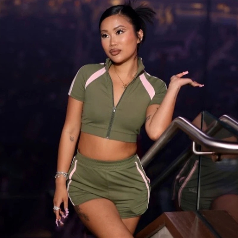 CUTENOVA Spring Summer Lapel Zipper Clash Color Patchwork Waistless Short Sleeve Skinny Short TopElastic Cord Sports Shorts Set 250320