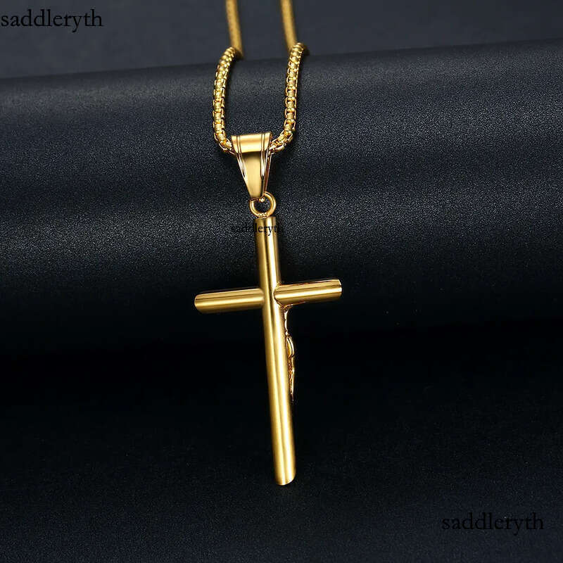 Hip Hop Stainless Steel Jesus Cross Pendant Necklace High Polished Gold Plated Religious Jewelry