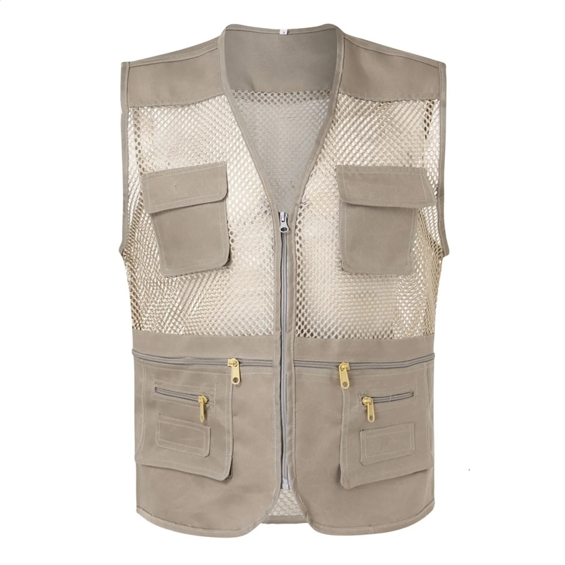 Mens Fishing Multi Pocket Vests Y2k Vintage Mesh Stitching Cargo Vest Solid Color V-Neck Sleeveless Tank Tops Casual Streetwear 250206