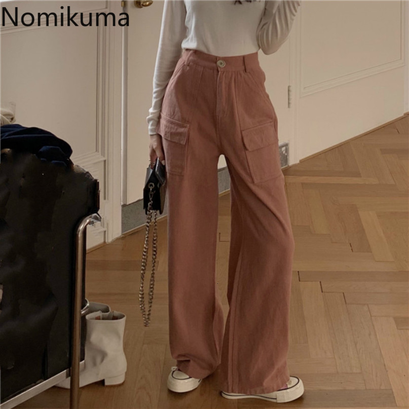 Nomikuma Causal Safari Style Women Pants Korean High Waist Long Trousers Autumn Pockets Wide Leg Pants Feminimos 6C620 210427
