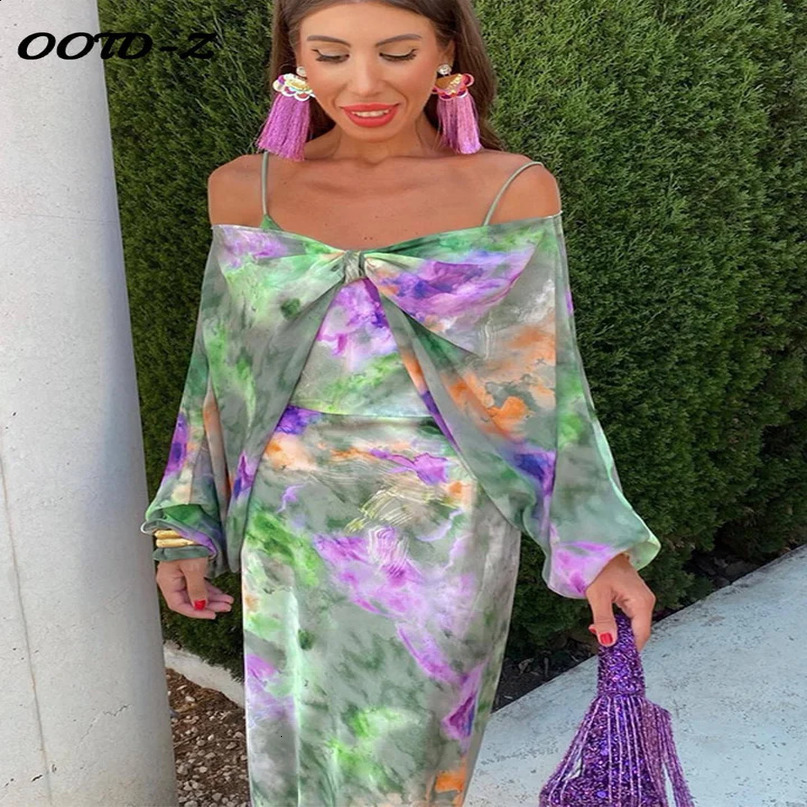 Bow Sling Print Top Two Piece Set Women Elegant Off Shoulder Lady Dress Suit Fashion Spring Hip Package 240729