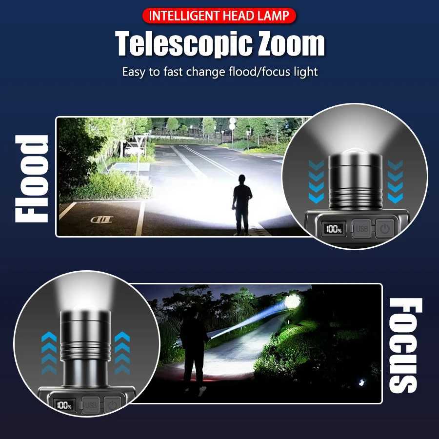 Portable Built In Battery Rechargeable Sensor Headlamp With Power Display Telescopic Zoom Waterproof Headlamp Outdoor Lantern J250925