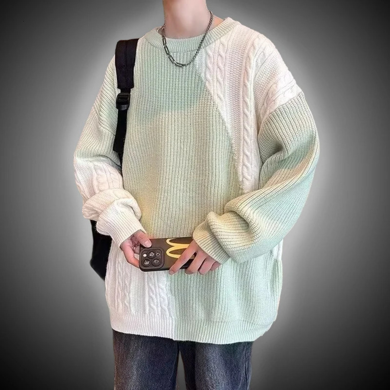 Mens spliced checkered plain weave long sleeved round neck sweater with jumper knit top 240930