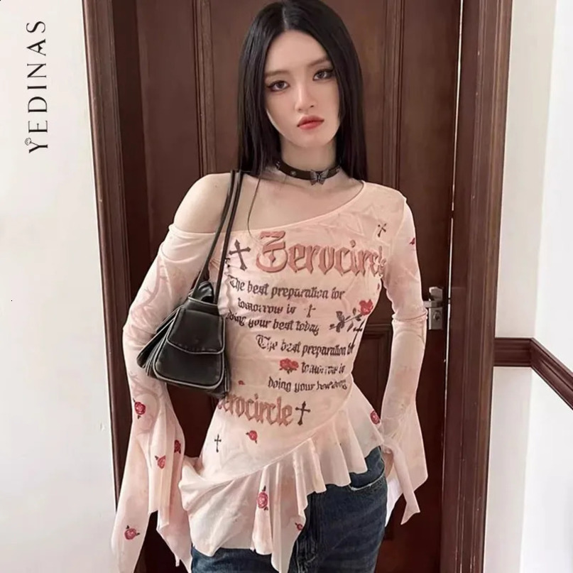 Yedinas Streetwear Flare Sleeve Mesh Tops Long Korean Fashion Off Shoulder Print T Shirt Women Clothes Ladise Y2k 240729