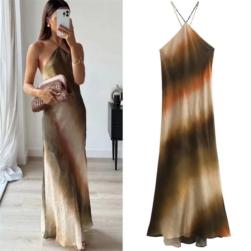 HXAO Tie Dye Halter Dresses Women Dresses Summer Sleeveless Backless Slim Maxi Dresses Sexy Elegant Party Dresses For Women 241205