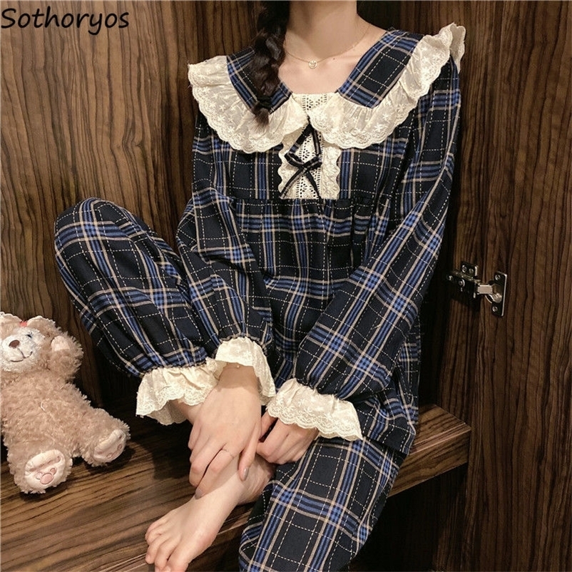 Women's Sleepwear Women Long Sleeve Plaid Pajama Sets Sweet Princess Lace Turn Down Collar Cute Sleepwear Korean Lounge Two Pieces Pyjamas Female