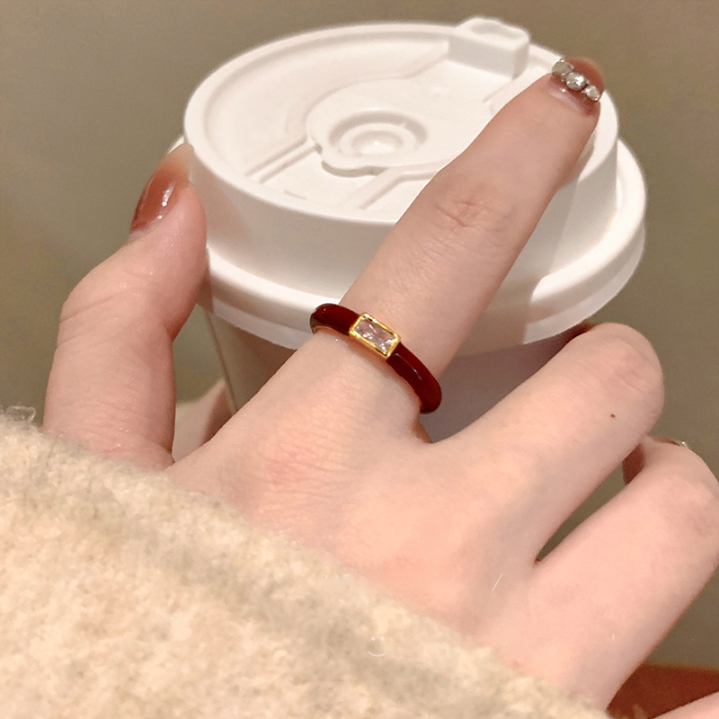 Gold - Toned Open Ring With Red Enamel & Small Rectangular Gemstone Delicate Daily & Elegant Jewelry Gift For Her High - Quality Stylish Accessory