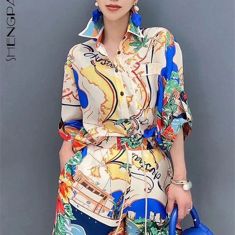 SHENGPALAE 2 Piece Set Summer Printed Short Sleeved Shirt And Shorts Casual Fashion Elegant Loose Womens Clothes R9745 240530