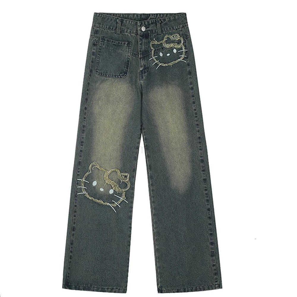 Sanrio Anime women Jeans Y2K Hello Kitty Kawaii American Style Vintage Pants Spring Autumn High Waist Trend Loose Mopping Pants L250925