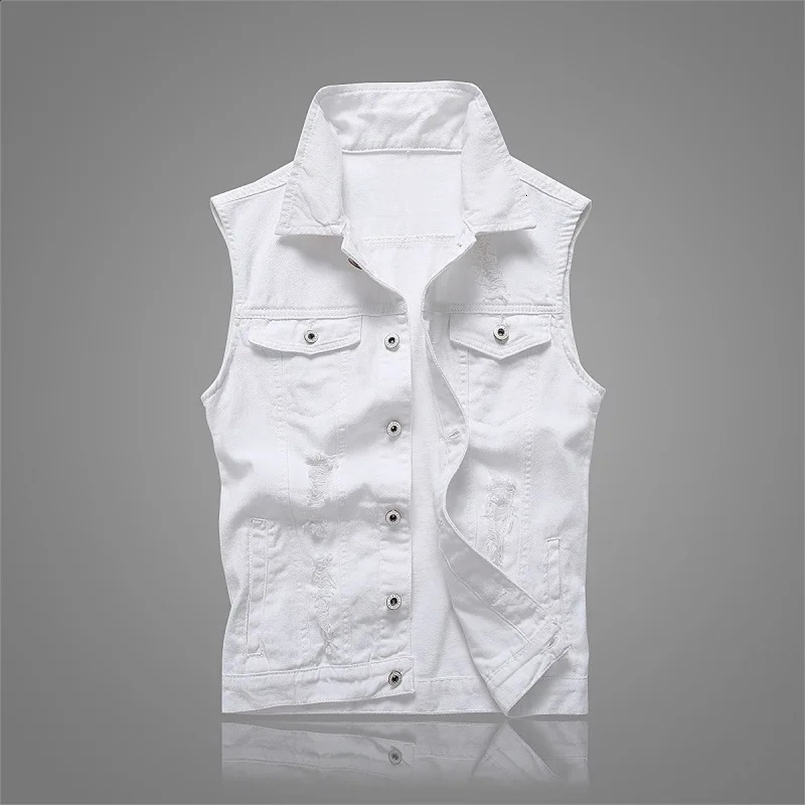 Summer Mens Ripped Denim Vest Male Tank Top Washed Jeans Waistcoat Man Retro Cowboy Hip Hop White Sleeveless Jacket 250206