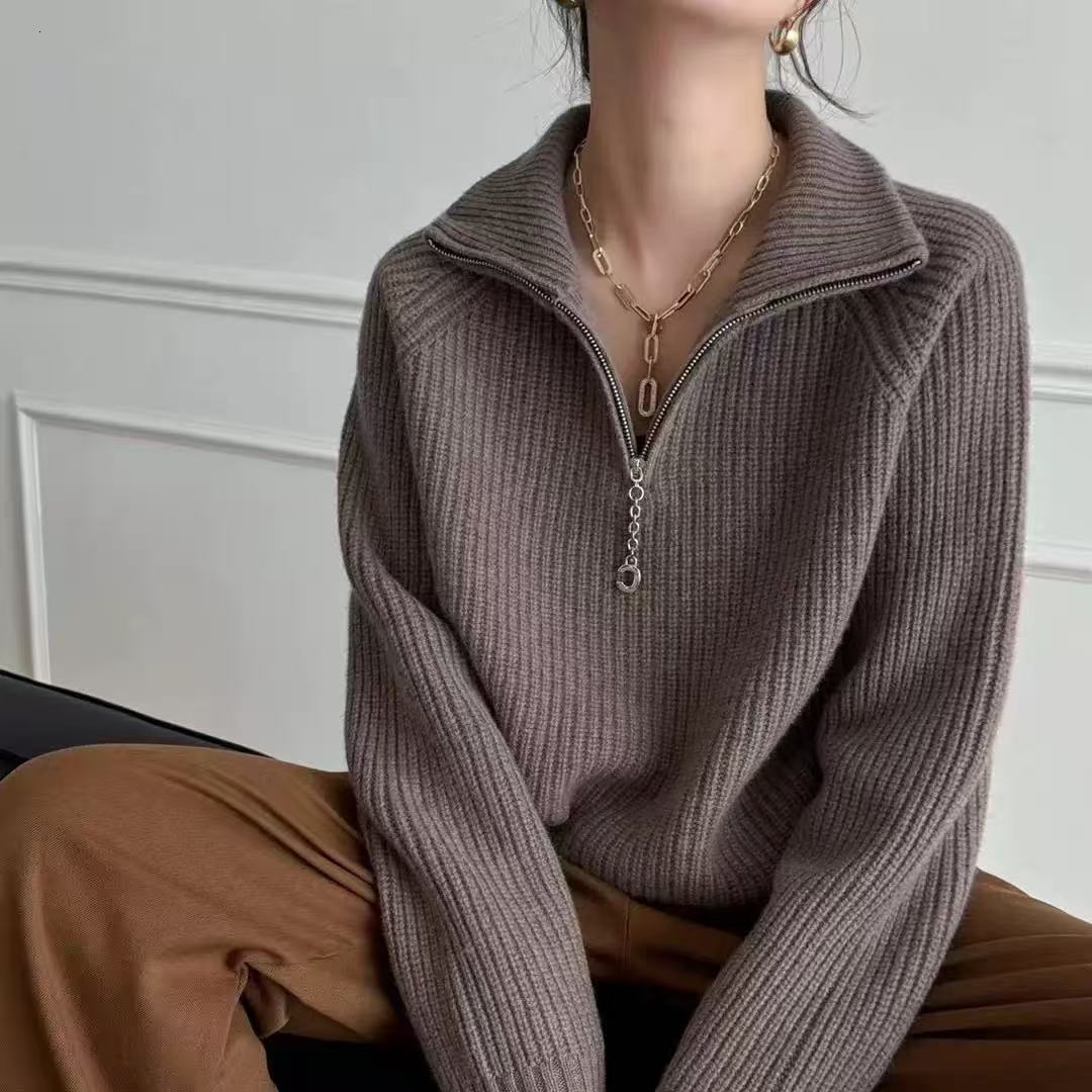Autumn Winter New Loose Thick Fashion Design Turn-Down Collar Zipper Solid Color Knitted Sweater Women Pullover