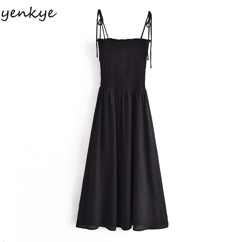 YENKYE Sexy Spaghetti Strap Black Party Dress Women Summer Chiffon Dress Female Night Out Vestido 210515