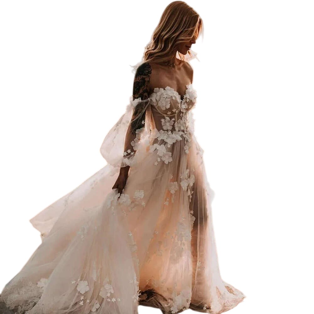 Summer Bohemian 3D Floral Appliques Wedding Dresses Off Shoulder Long Sleeves Lace Bridal Dress Bride Marriage for African Arabic Black Women BC21548
