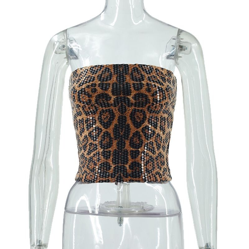 2025 New Style Women's Sexy Nightclub Leopard Print Sequin Tube Top Slim Fit Inner Vest