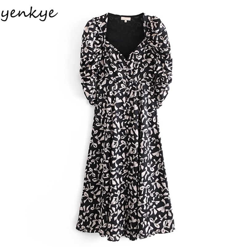 YENKYE Fashion Women Bow Pattern Print Long Maxi Dress Elegant Lady Sexy V Neck Puff Sleeve Draped Spring Dress Robe Longue 210515