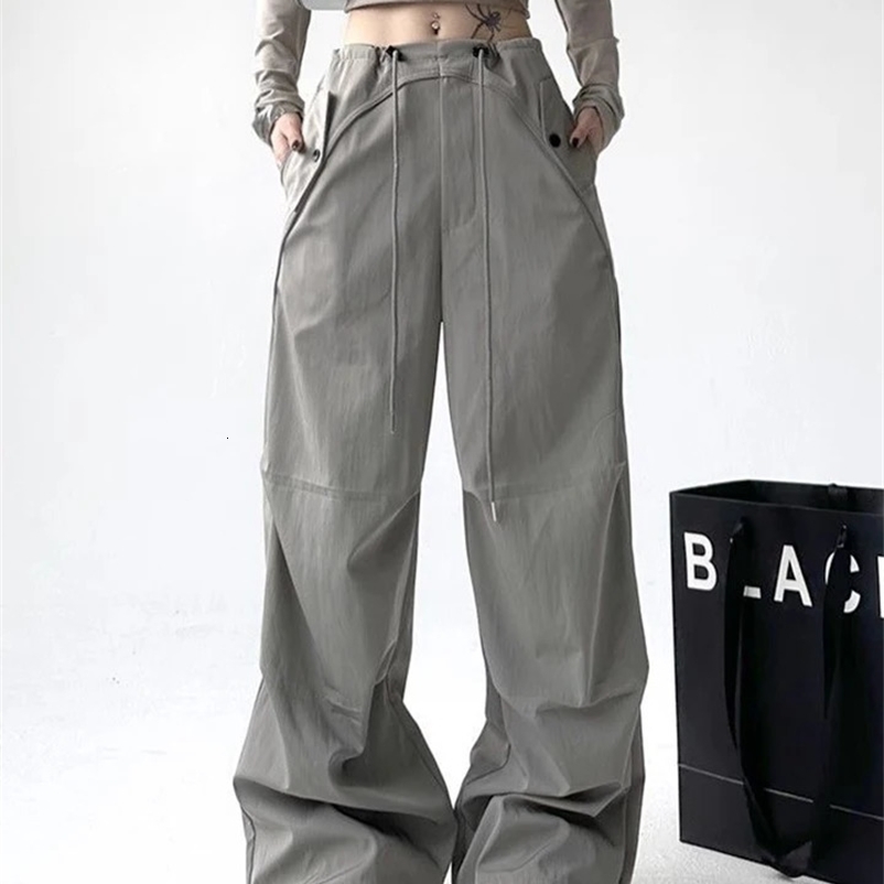 Zoki Y2K Harajuku pants womens streetwear high waisted American retro mens casual loose lace Up Bf wide leg pants 241203