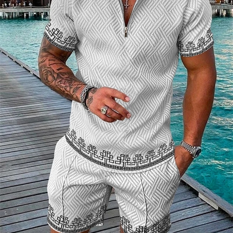 Mens summer casual polo shirt set mens fashion tracksuit solid color set mid neck zipper suit retro set 240930