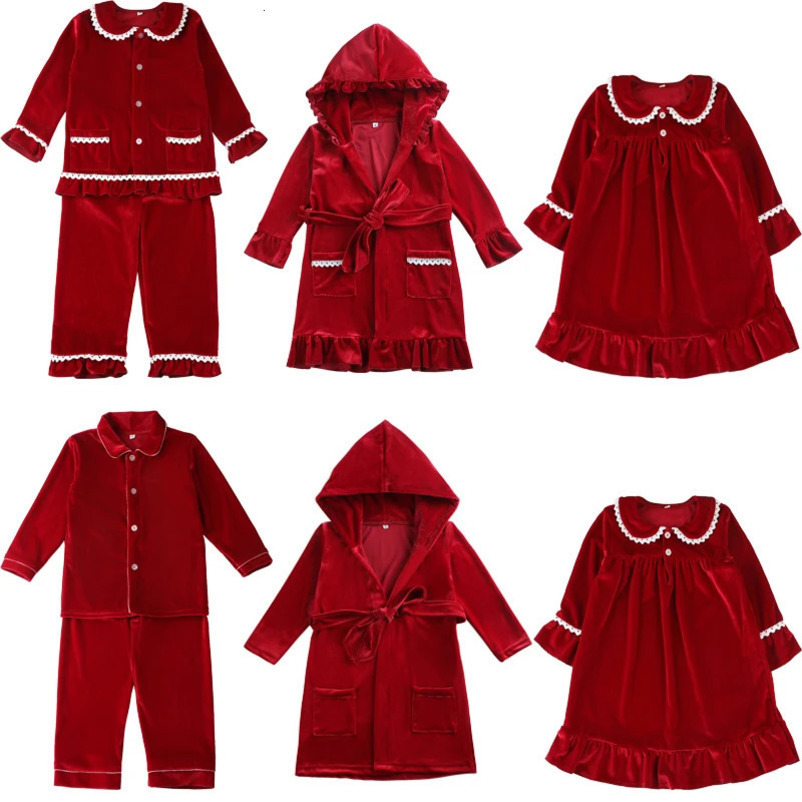 Mudbala Childrens Classic Family Matching Set Red Velvet Baby Pajama Set Button Up Preschool Girls Christmas Pajamas 241118