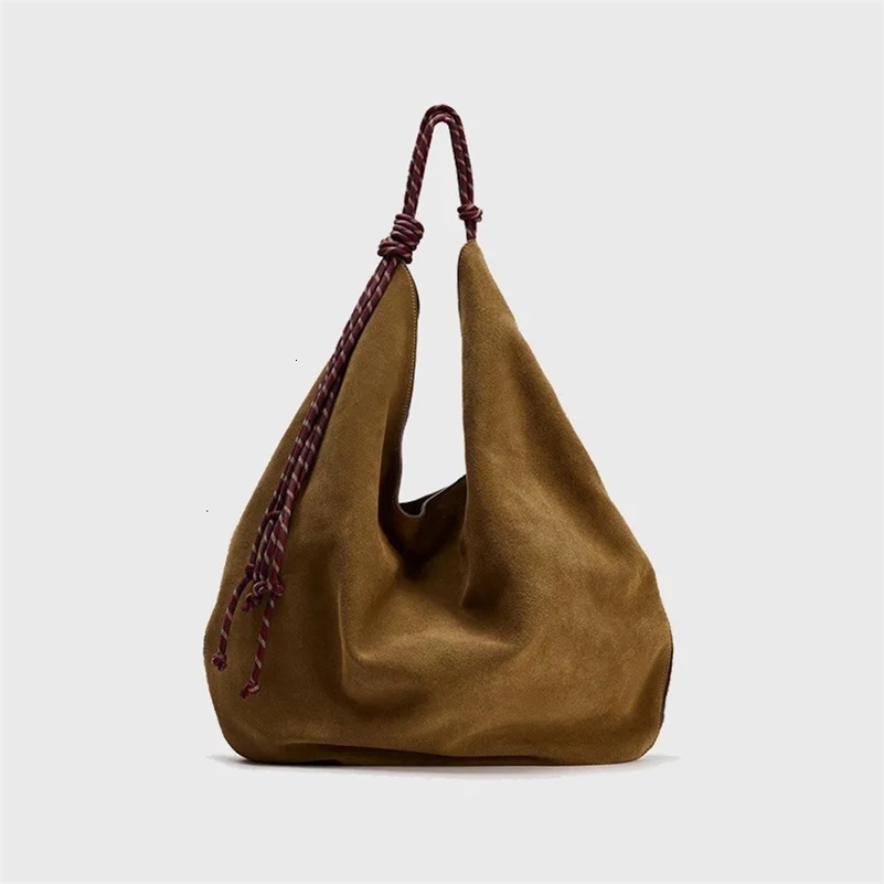 Stylish Tassel Womens Dark Brown Suede Shoulder Bag Large Capacity Shopping Bag Strappy Handle Underarm Bag 240930