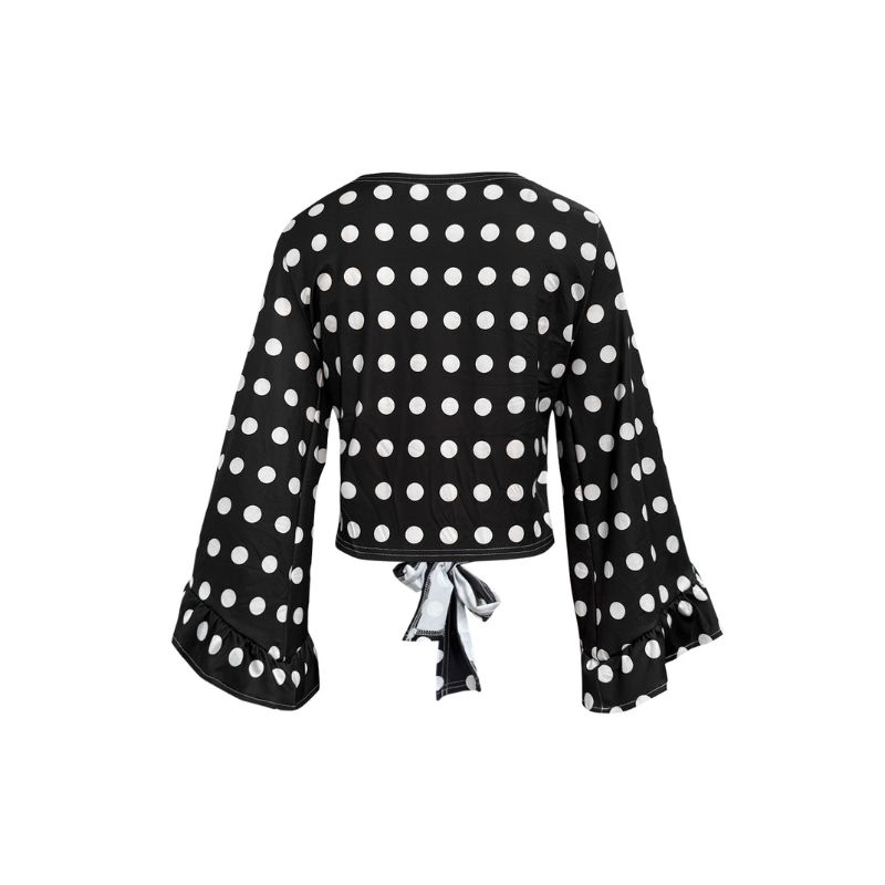 Women's Early Autumn Sweet Polka Dot Print Blouse, Ruffle Sleeve Tie - Front Casual Versatile Milk Silk Top-CF52701