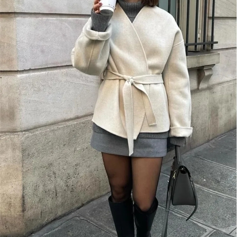 Collarless Belt Jacket Coat Lace-up Minimalism Beige Gentle Short Woolen Overcoat Waist Cinching Women Autumn Winter Overcoat 241220