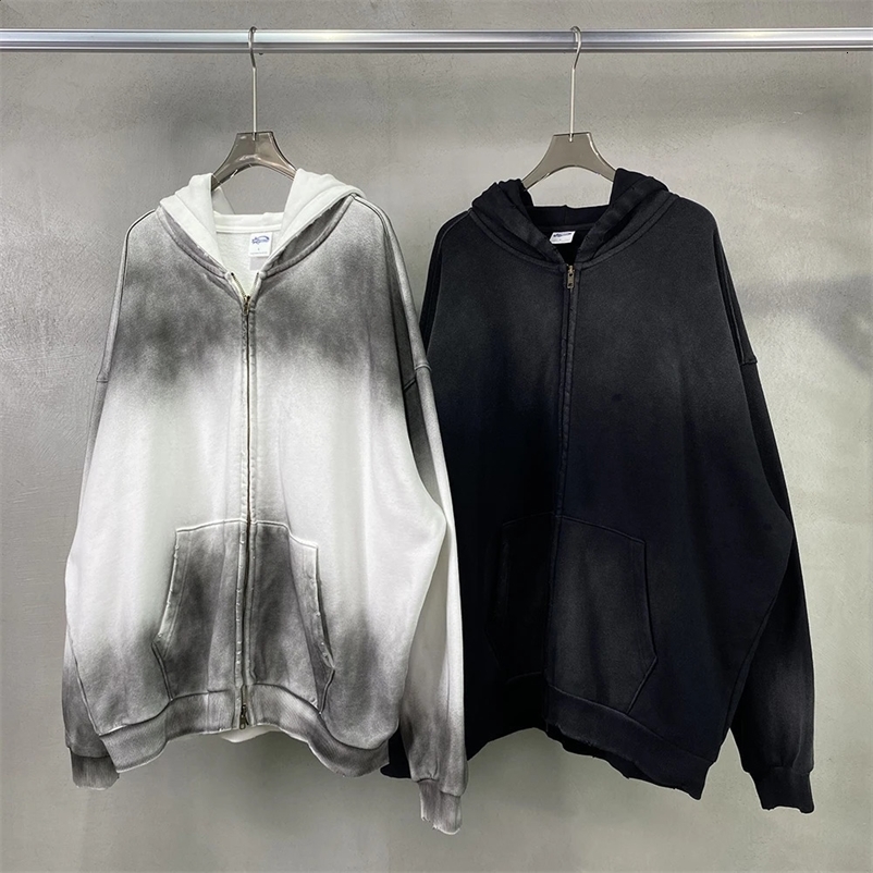 420g Mens Cotton French Terry Plain Hoody Mens Vintage Spray Zipup Hoodie Washed Double Zipper Hoodies 240809