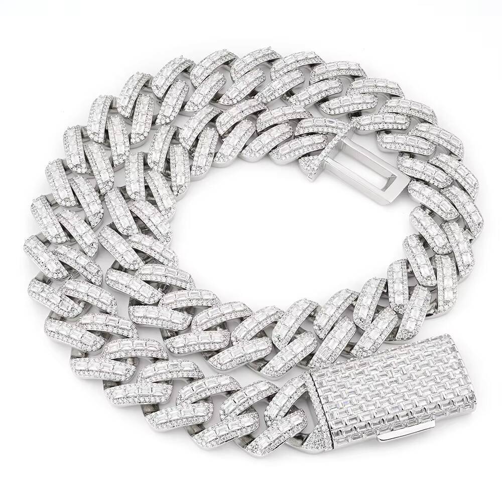 Best Quality 20MM Cuban Link Chains with Baguette Moissanite Diamond and Sterling Silver Hiphop Jewelrys Moissanite Necklaces