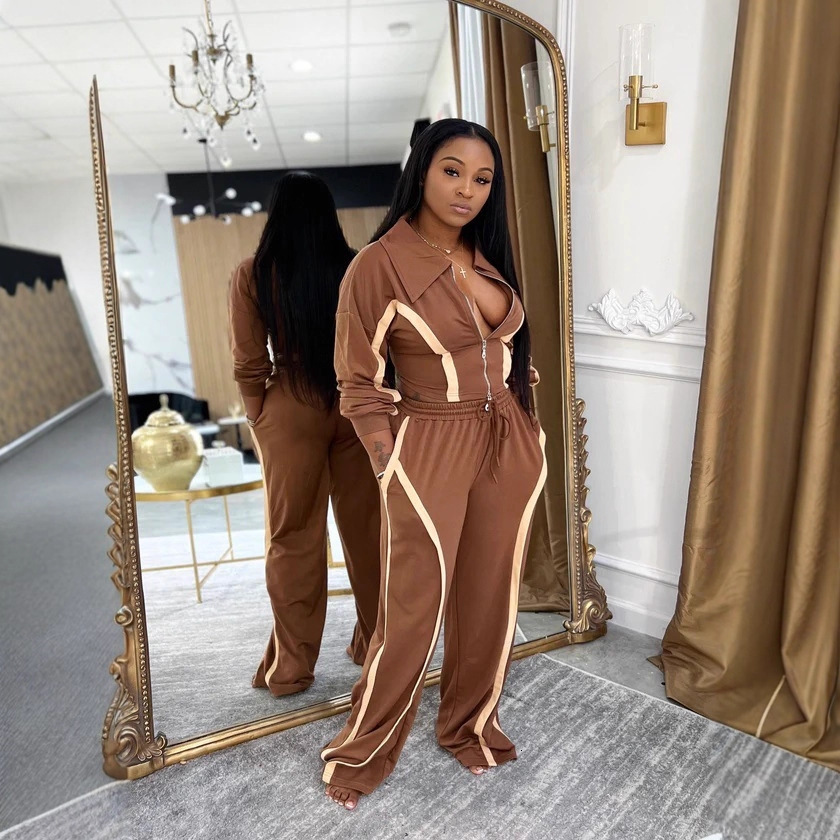 Y1361 New Women's Fashion Color Block Loose Straight Pants Sports Casual Two-Piece Set