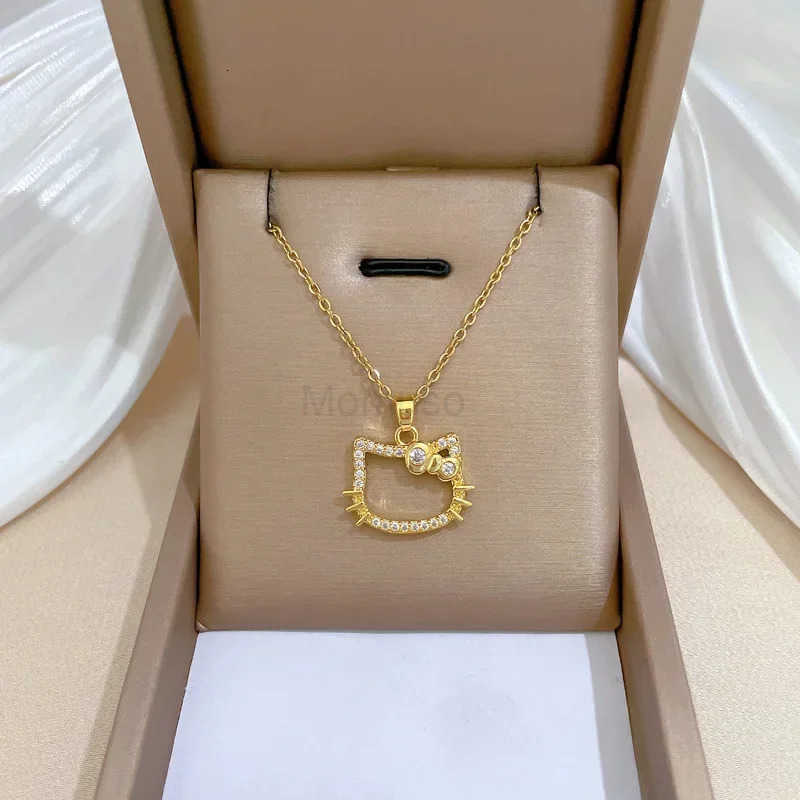 Sanrio Stainless Steel Chain Gold Color Hello Kitty Head with Zircon Pendant Necklaces for Women Girls Cartoon Cute Jewelry Gifts L250925