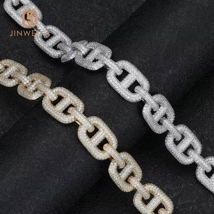 Real Hip Hop Jewelry for Men 15mm Natural CZ Moissanite Stone Necklace with Iced Out Gold Plated Brass Chain Fashion Link Chain