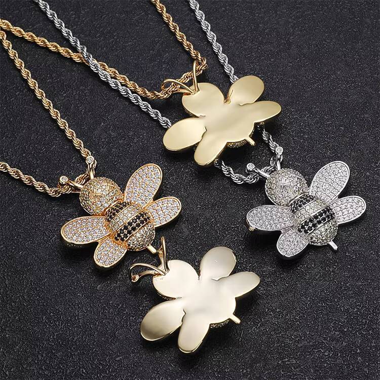 JWY Mens Stylish Brass Pendant Necklace Big Iced Out Bee with Gold Silver Plating Hip Hop Fashion Charms with Moissanite Stone