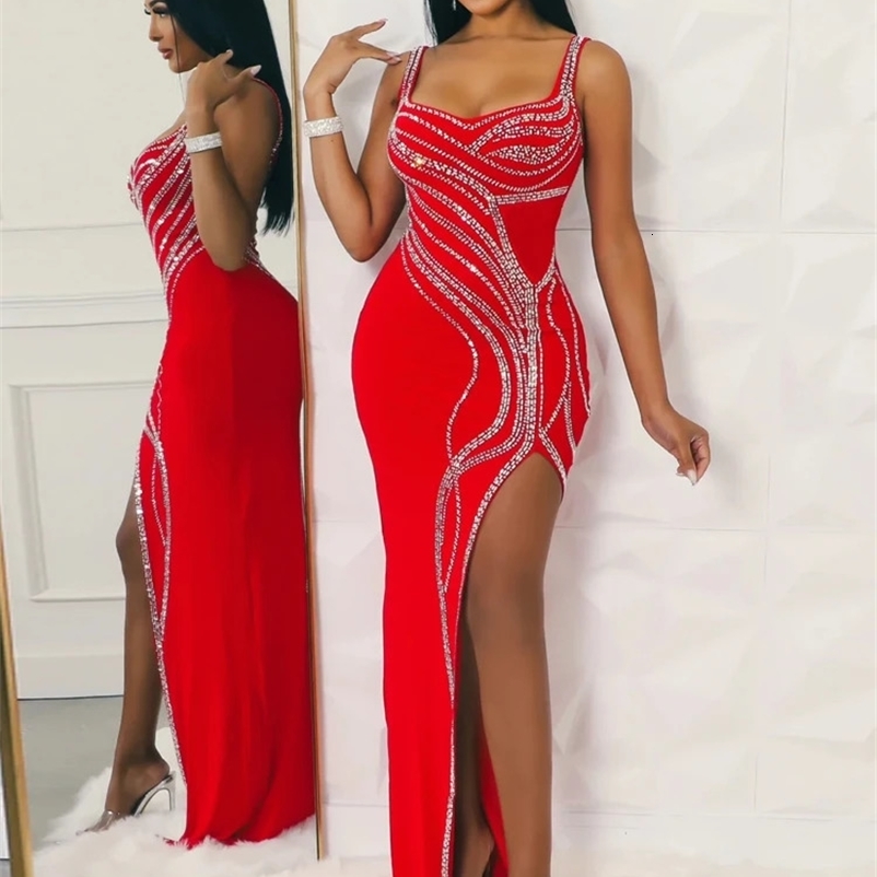 Beyprern Womens Rhinestone Decorative Leg Seam Maxi Dress Glam Sleeveless Diamond Ultra Thin Party Club Dress Birthday Set Vestidos 241231