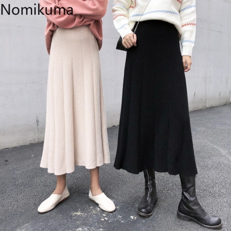Nomikuma Autumn Winter New Knitted Women Skirts Korean Solid High Waist A-line Skirts Fashion Causal Faldas Verano 6C598 210427