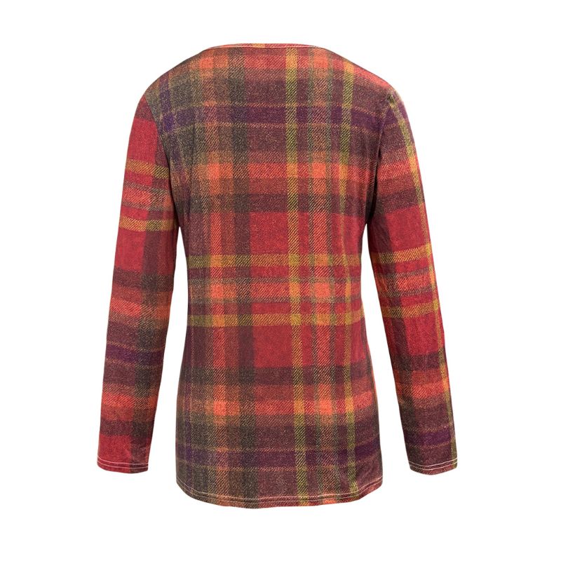 Women's Plus Size Vintage Plaid V - Neck Long Sleeve T - Shirt Milk Silk Casual Versatile Top-YL23501