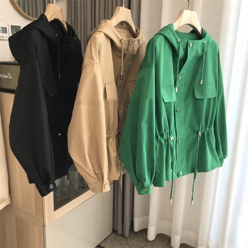 Women's Jackets Women Hooded Trench Coat Autumn Casual Loose Zipper Drawstring Waterproof Jacket Stand-Up Collar Solid Short Windbreaker 230505