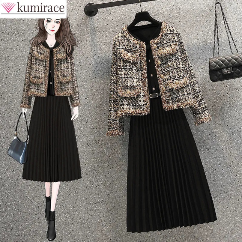 Korean Autumn Plaid Splice Knitted Jacket Coat Long Sleeve Pleated Dress Two Piece Elegant Womens Skirt Set 240729
