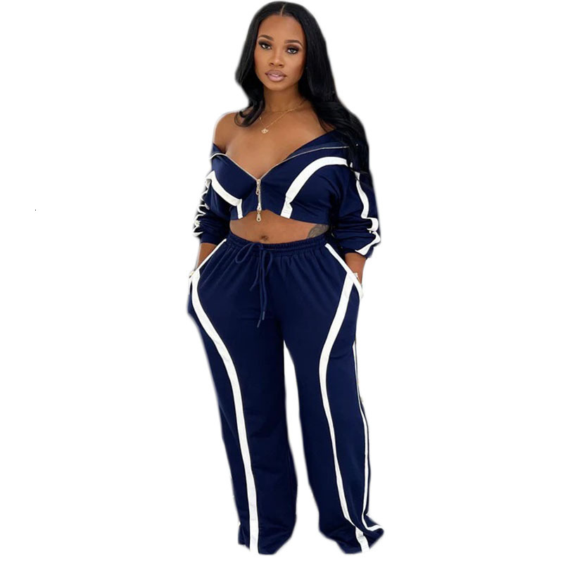 Y1361 New Women's Fashion Color Block Loose Straight Pants Sports Casual Two-Piece Set