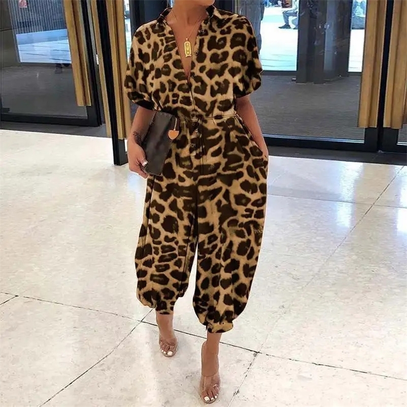 Leopard Printed Jumpsuit Women Summer Short Sleeves Leace-up Pocket Casual Jumpsuits Fashion Vintage Ladies Bodysuits 240703