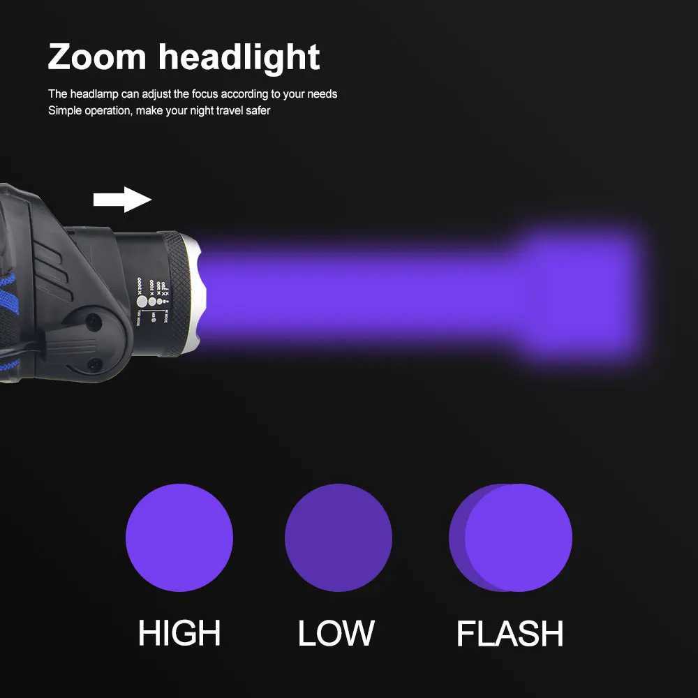 Outdoor Tools 2000LM Zoomable Headlamp GreenRedUV 395NM Light Waterproof USB Head Lamp 3 Mode Torches Lantern For Hunting J250925