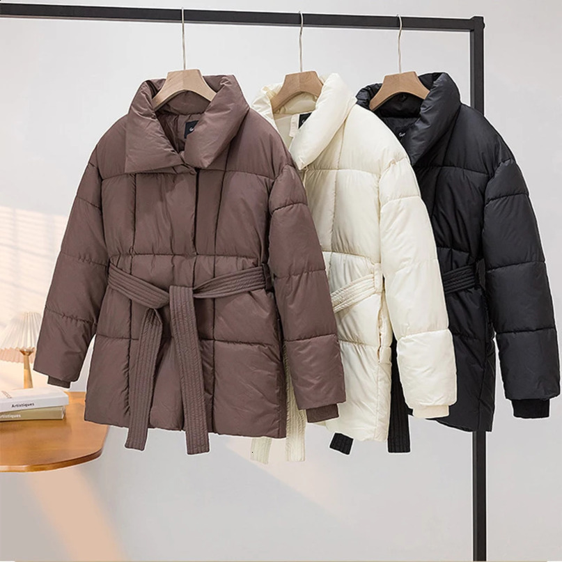 With a Belt Jacket Women Winter Woman Parkas Solid Thicken Warm Female Snow Wear Coat Cotton Padded Outwear Clothes 241122