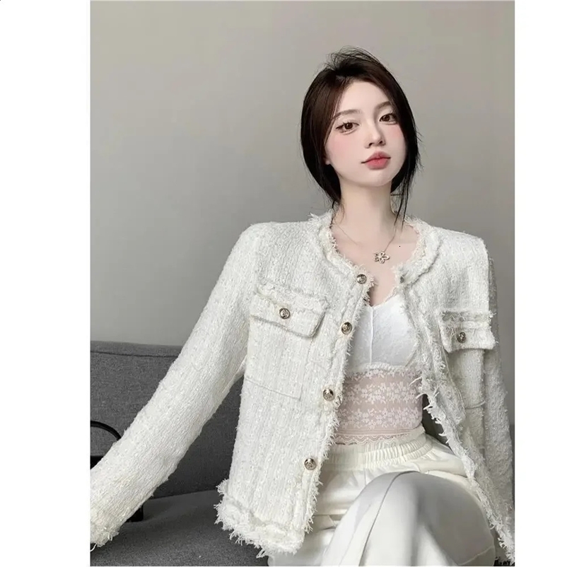 Elegant French style tweed womens jacket for spring/summer long sleeved cut top collar for outerwear 240930