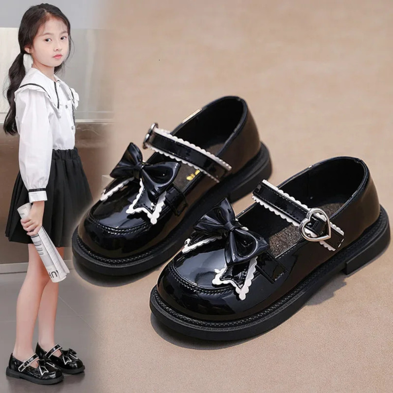 Girls Princess Leather Shoes Spring Autumn Black Childrens Flats Fashion Sweet Kids Bowknot Mary Jane Shoes Glossy Thick Bottom 250528