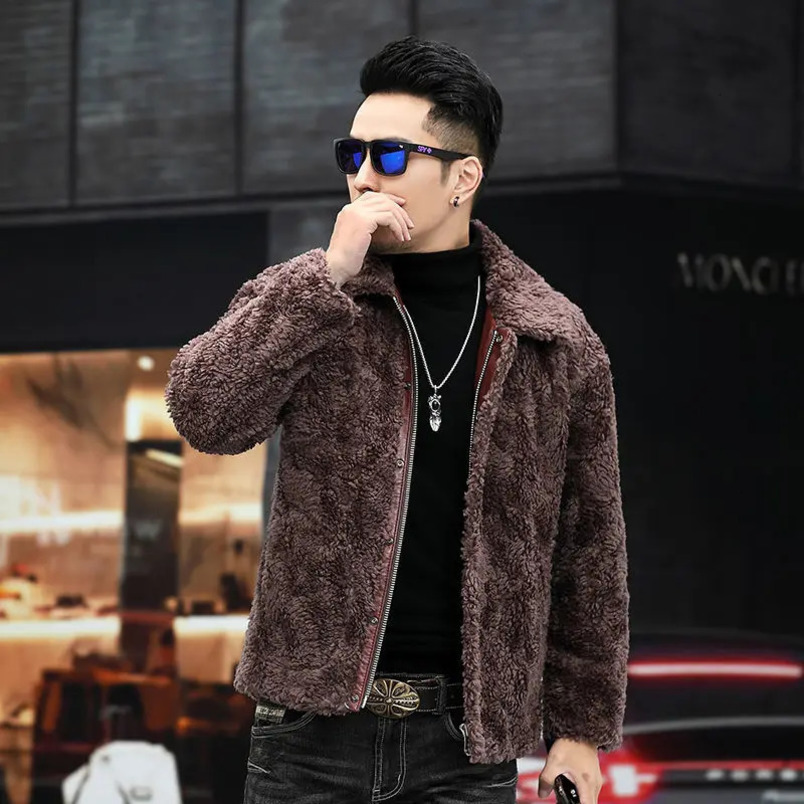 autumn winter mens long sleeved fur jacket mens short fur leather coat mens slim fit warm coat I508 241113