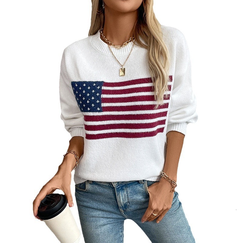 MaoMaoYu 2024 Autumn Winter New American Flag Pullover Round Neck Knitted Sweater Women's Fashion