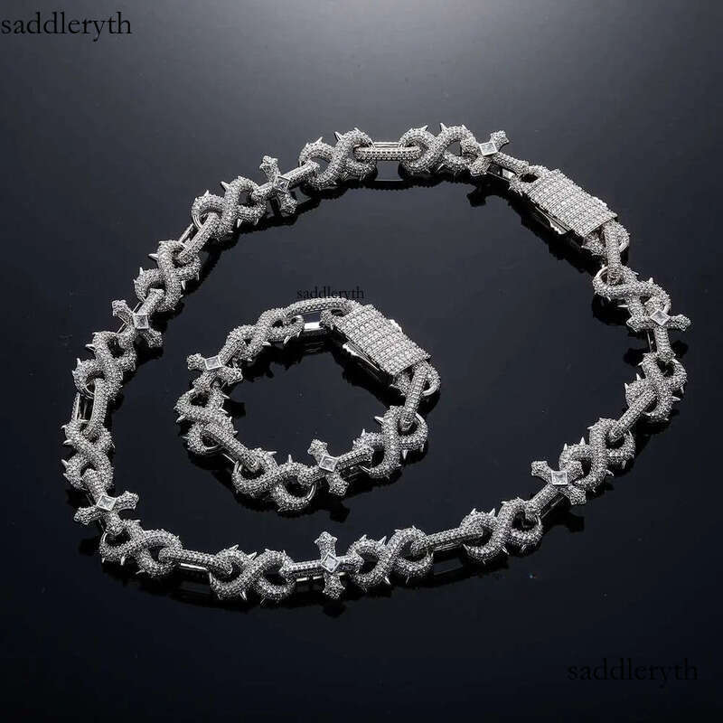 Hip Hop 8-shaped Thorn Cross Cuban Link Chain Necklace Bling Full Cubic Zirconia Iced Out Dia Personalized Mens Necklaces Choker Bracelet Accessories 