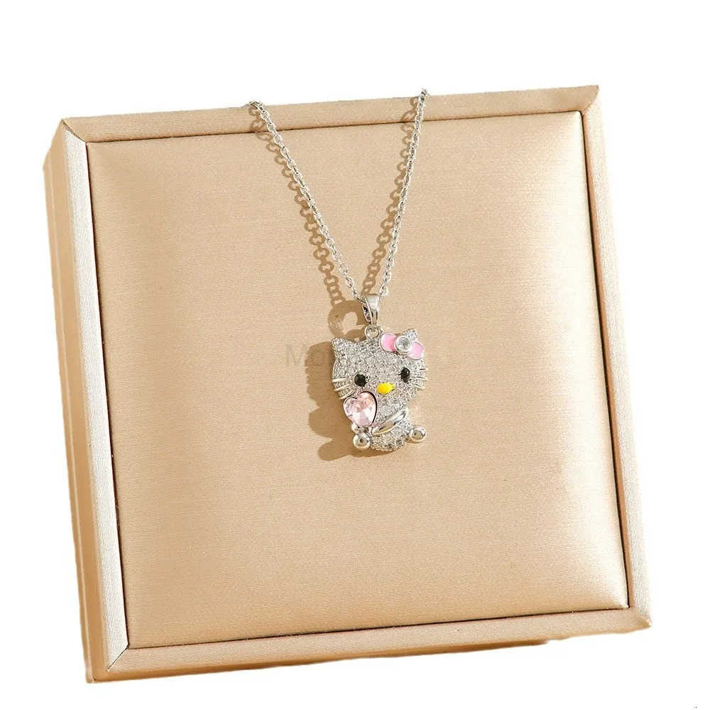 Sanrio Cute Pink Heart Crystal Zircon Hello Kitty Pendant Necklaces for Women Girls Stainless Steel Chain Jewelry Accessories L250925