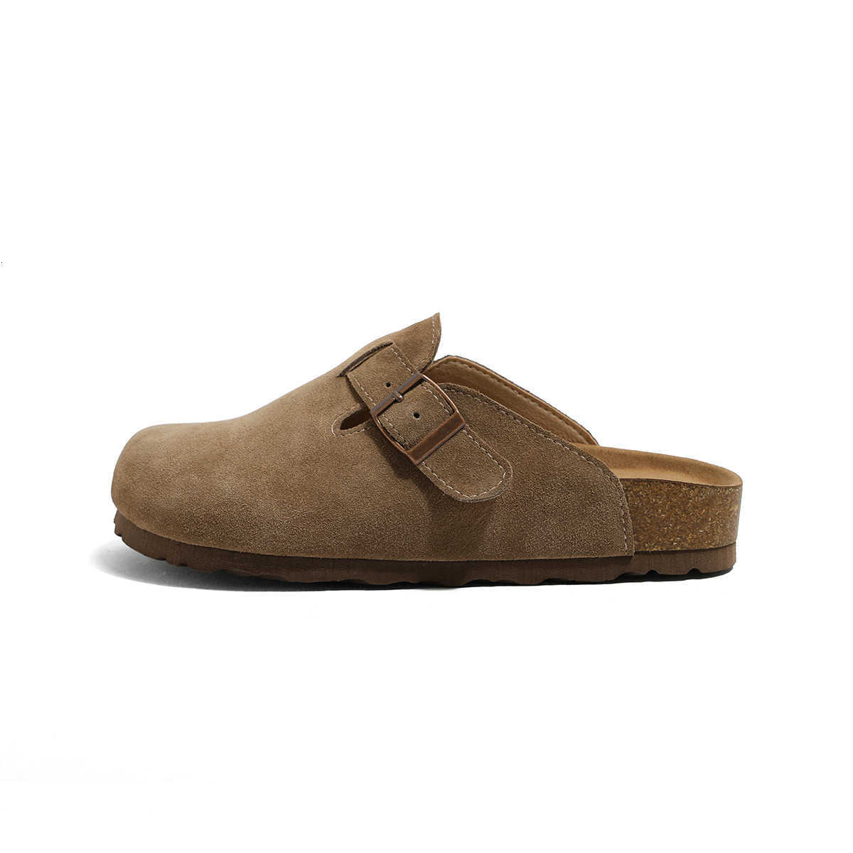 Leather cowhide Birkenstock women's shoes, cork heightening thick-soled slippers, flat-bottom fishing bag-top half-slippers, Japanese-style Birke