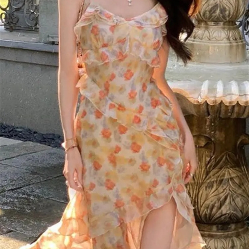 Spaghetti Strap Dresses Women Ruffles Irregular Slit Floral Summer Elegant Korean Style Sexy Thin Sleeveless Midi Sweet Tender 240319