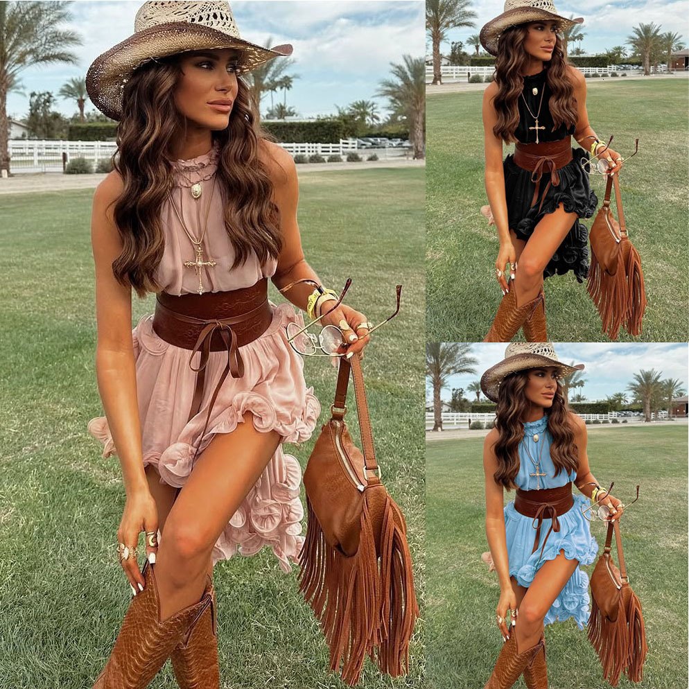 2025 Spring Summer New Ruffle Sleeveless Short Skirt INS Casual Vacation Chiffon Two-Piece Set